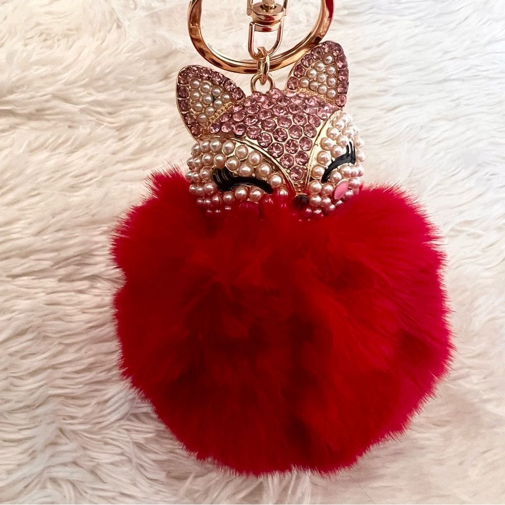 Red Fox Fur Keychain Bag Charm with Rhinestones NEW